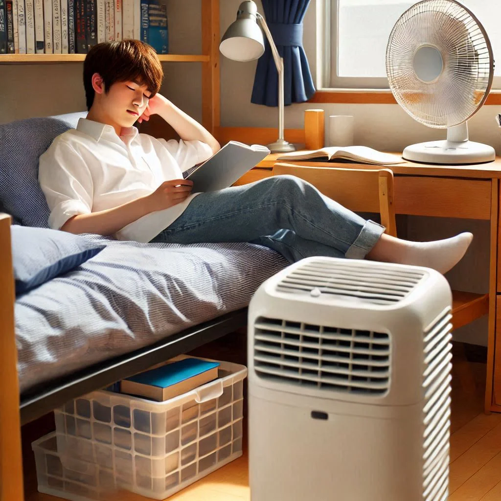 "Image of a student relaxing and studying in a dorm room, with a portable air conditioner running quietly in the background for optimal comfort."