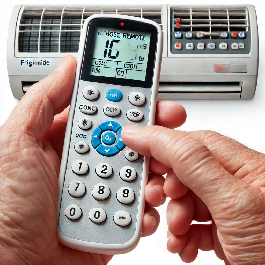 A universal remote control being programmed to work with a Frigidaire air conditioner.