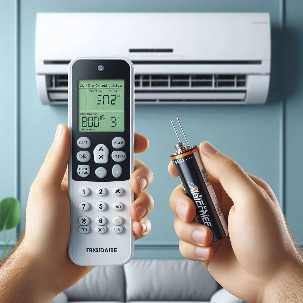 A Frigidaire air conditioner remote control with a blank or malfunctioning display, showing the user replacing the batteries to fix the issue.