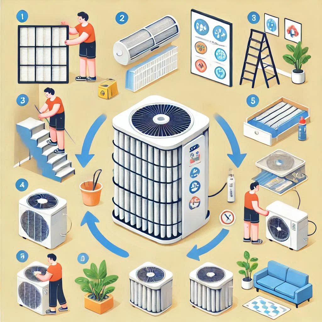 A step-by-step visual guide showing how to clean and replace filters in an air purifier and air conditioner.