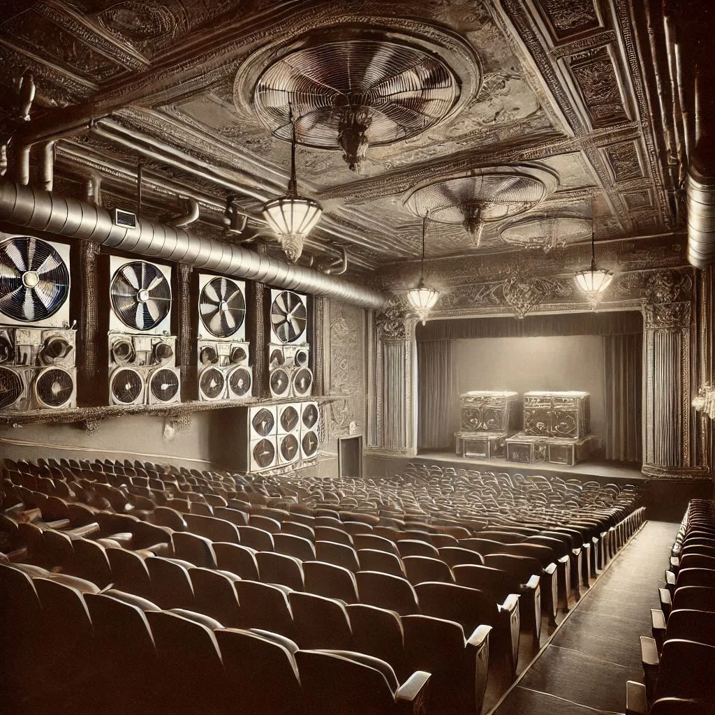 A historical photo showing the interior of a 1920s movie theater with air conditioning systems visible, highlighting the early commercial use of air conditioning.