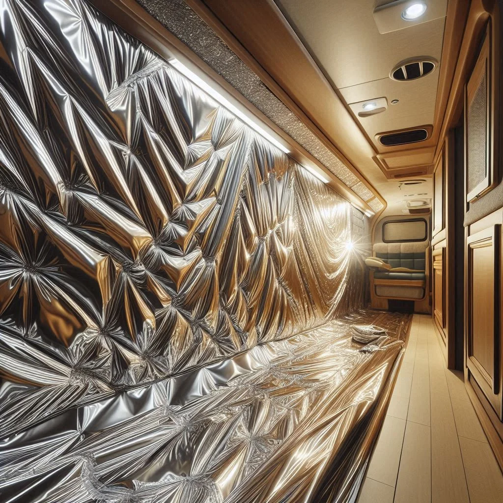 "Close-up view of reflective insulation material being applied to an RV wall. The shiny foil surface reflects the light, demonstrating how it keeps the RV cool by blocking heat."