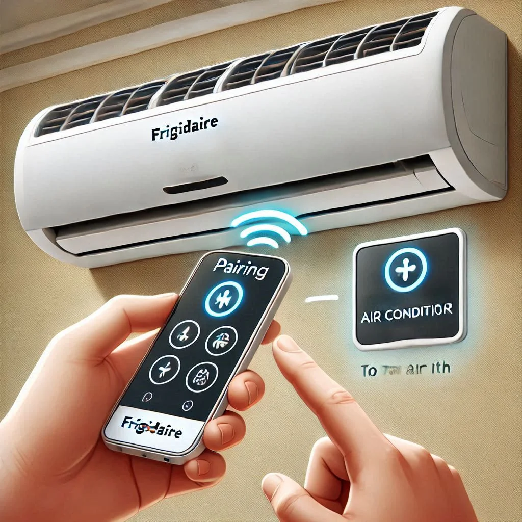 A Frigidaire air conditioner unit with the pairing button highlighted, showing a user holding the button to pair with the remote.