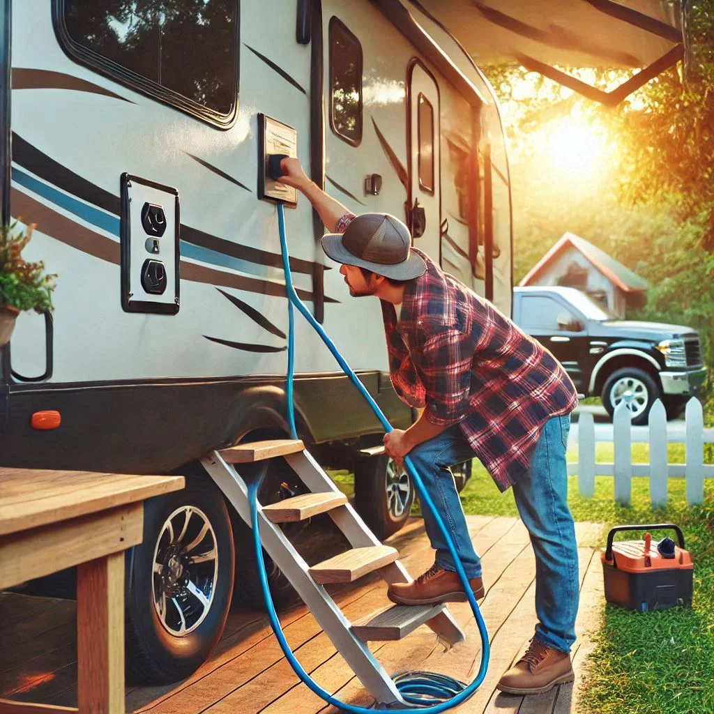 "A person checking the power cable connected to an RV."