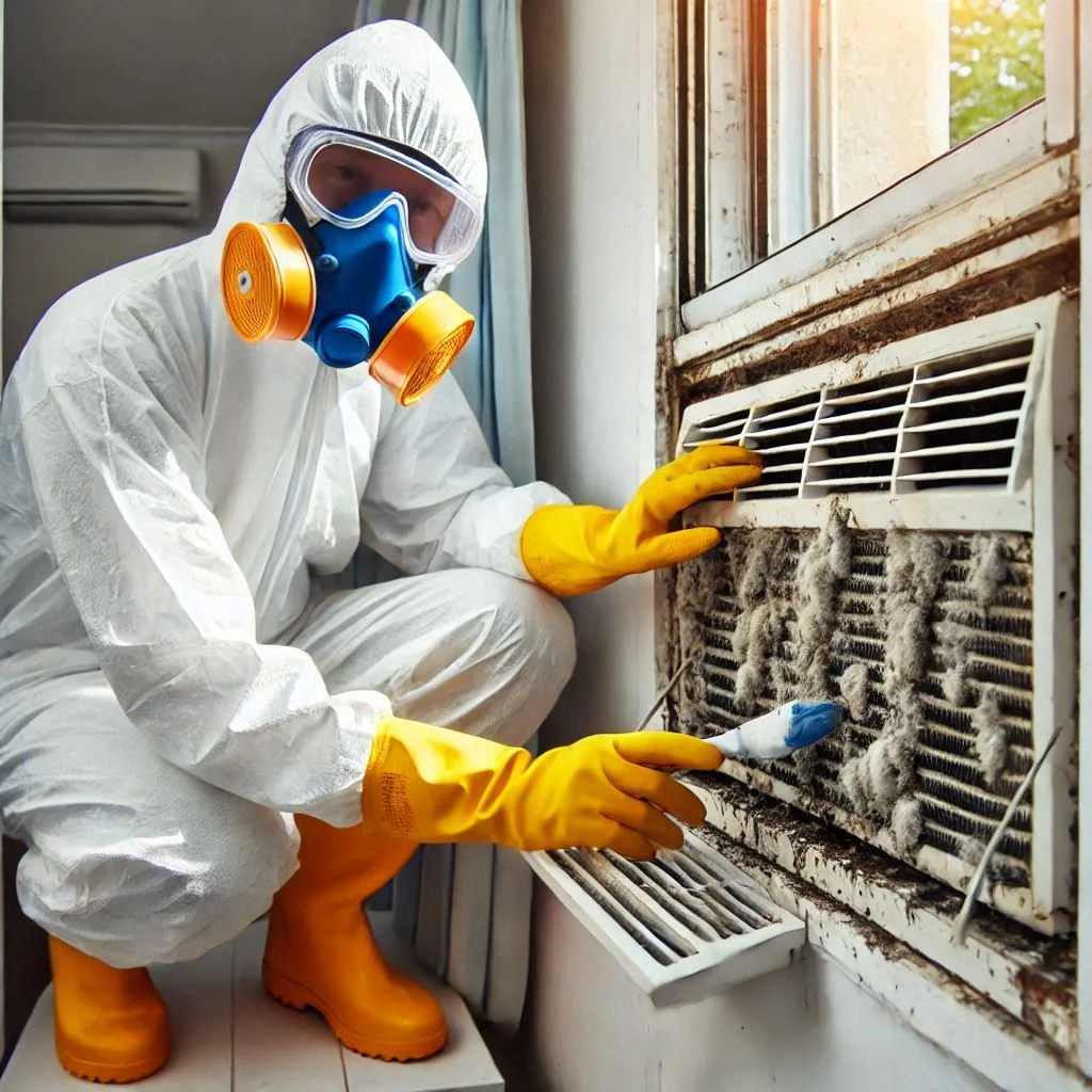 "A person in full protective gear, including gloves, face mask, and goggles, cleaning mold from a window air conditioner to ensure safety during mold removal."