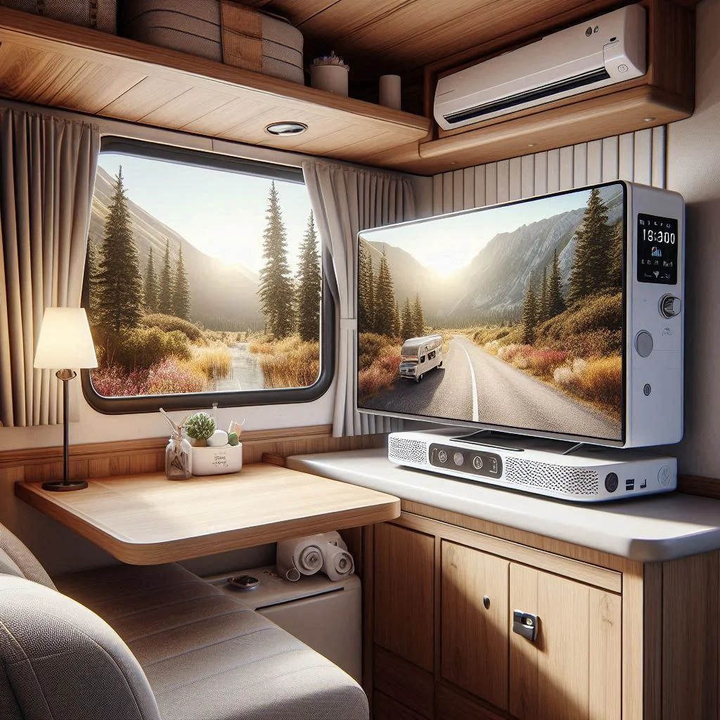 A camper van interior with the LG LP0621WSR placed next to a window, showing its compact size and portability.