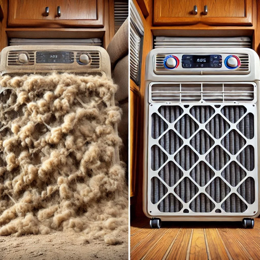 A dusty and clogged RV air conditioner filter compared side-by-side with a clean one, highlighting the importance of regular cleaning.