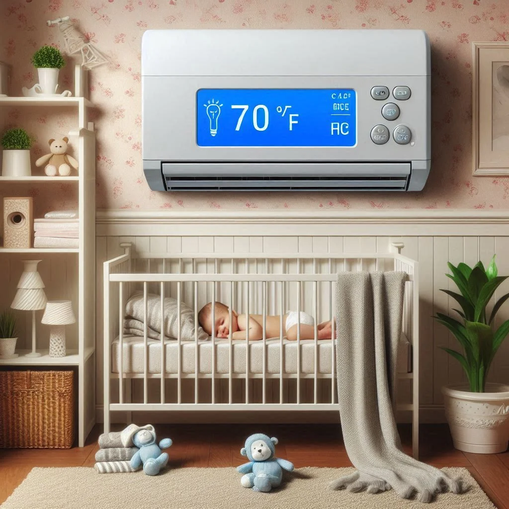 A nursery with an air conditioner displaying a digital thermostat set to 70°F, creating a cozy atmosphere for the baby.