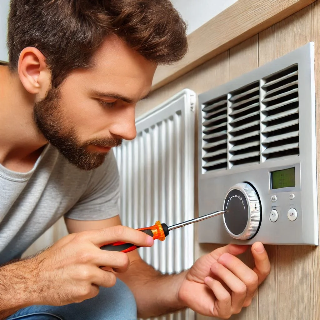 A homeowner turning off their HVAC system thermostat and preparing to remove a vent cover with a screwdriver.