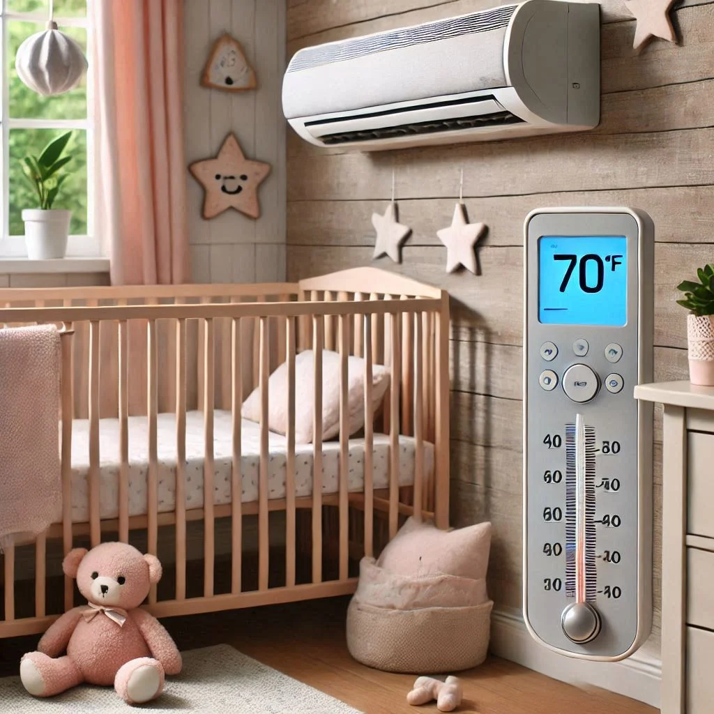 A cozy nursery with an air conditioning unit maintaining a consistent, baby-friendly temperature, with a digital thermometer showing 70°F.