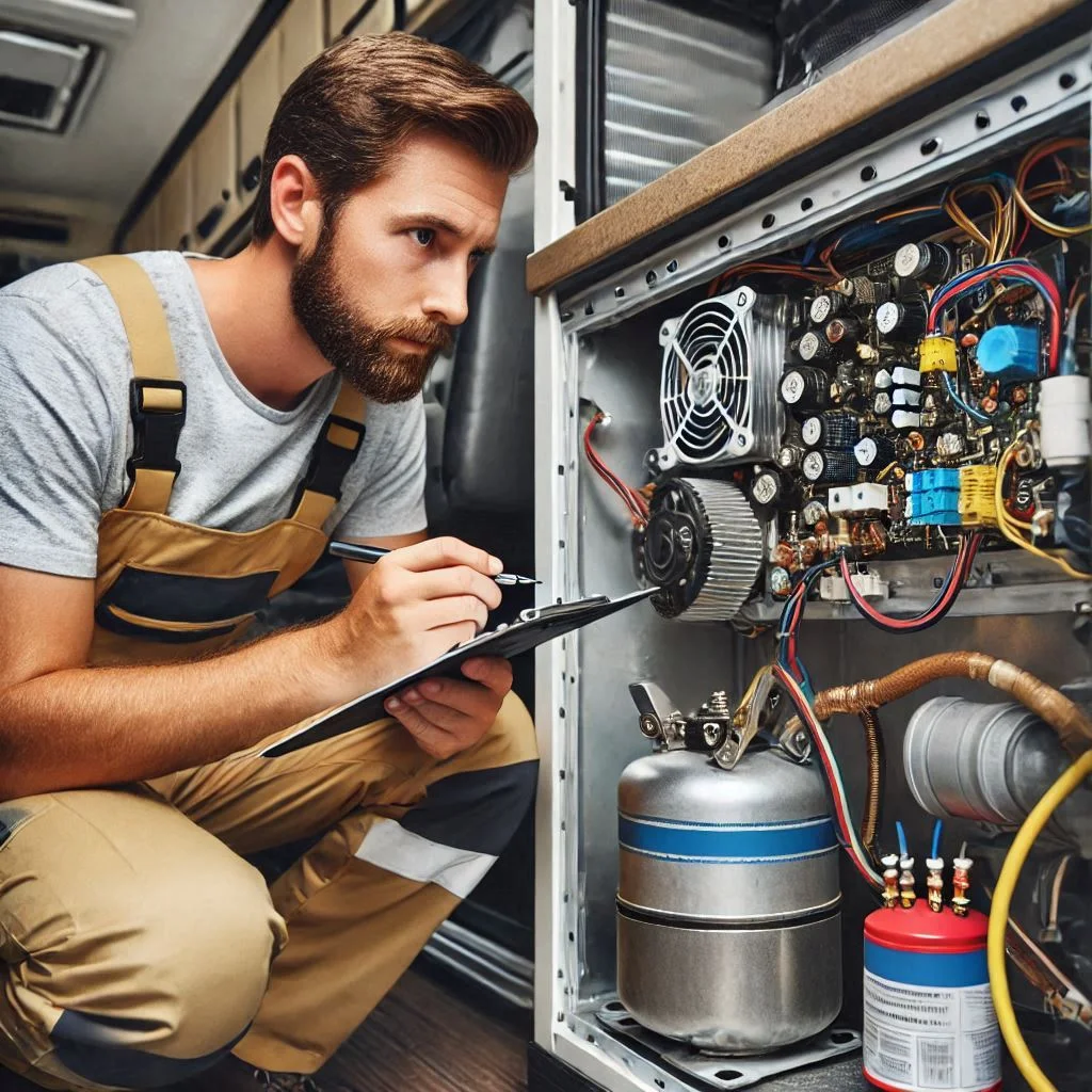 Image of an HVAC technician performing a detailed inspection of an RV air conditioning system, checking components like the compressor, electrical connections, and refrigerant levels.