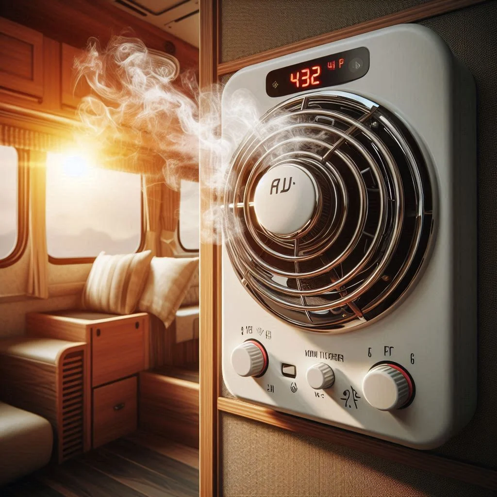 Image of an RV air conditioner vent blowing warm air, with a thermostat showing higher than usual temperatures.