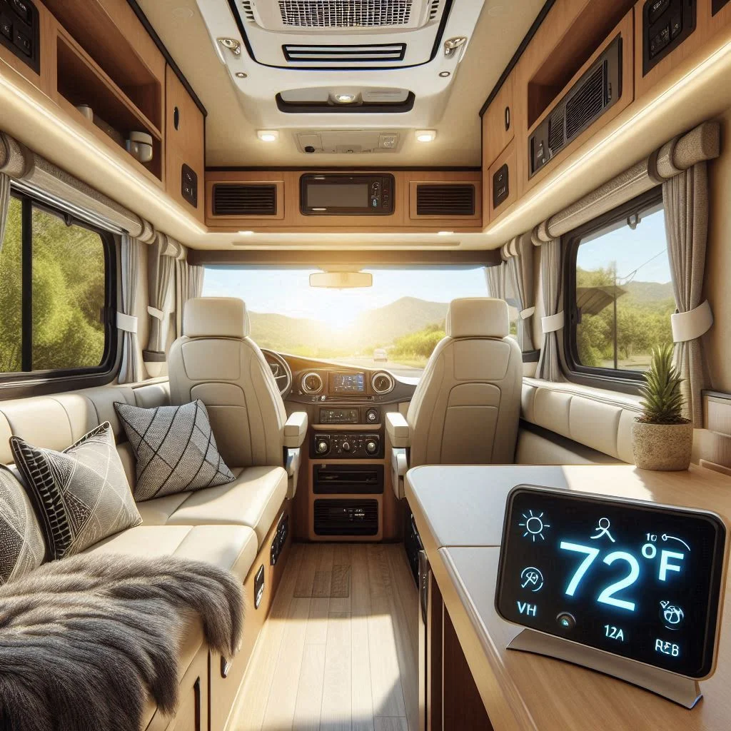 A modern RV interior on a sunny day, with a digital thermometer showing a comfortable 72°F temperature maintained by a 12V air conditioner."