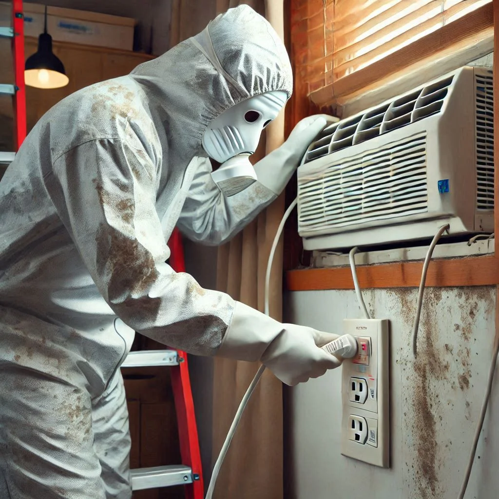 "A person unplugging a window air conditioner unit from the power socket to ensure safety before starting mold removal."