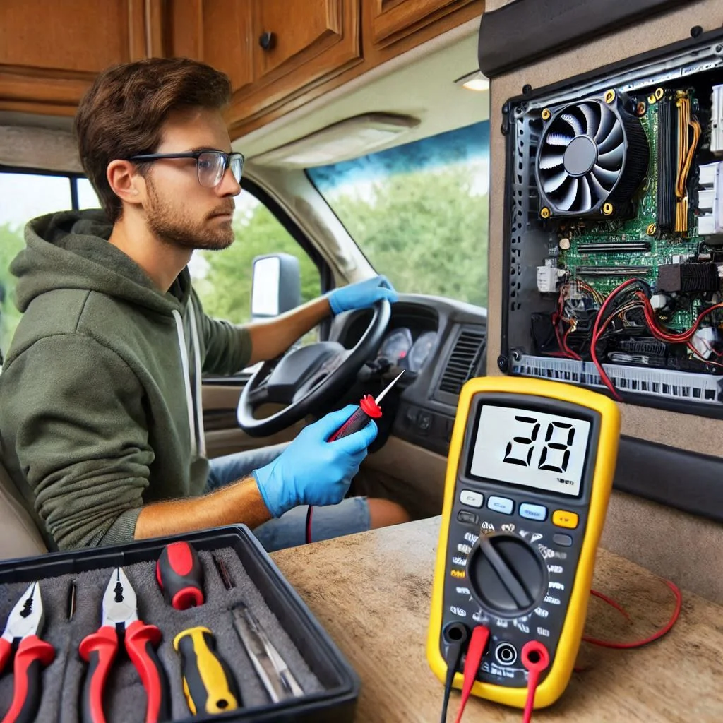 A video thumbnail showing a technician using a multimeter to diagnose an electrical issue in an RV air conditioner, with a toolbox visible in the background.