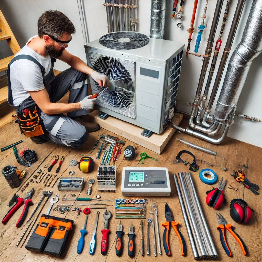 A technician installing a heat pump system in a residential home, with tools and equipment displayed, showcasing the complexity of the installation process.