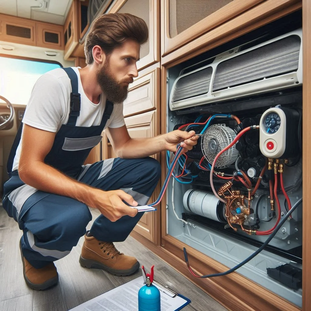 Image showing an HVAC technician performing a routine maintenance check on an RV air conditioning unit, including checking refrigerant levels and inspecting components.