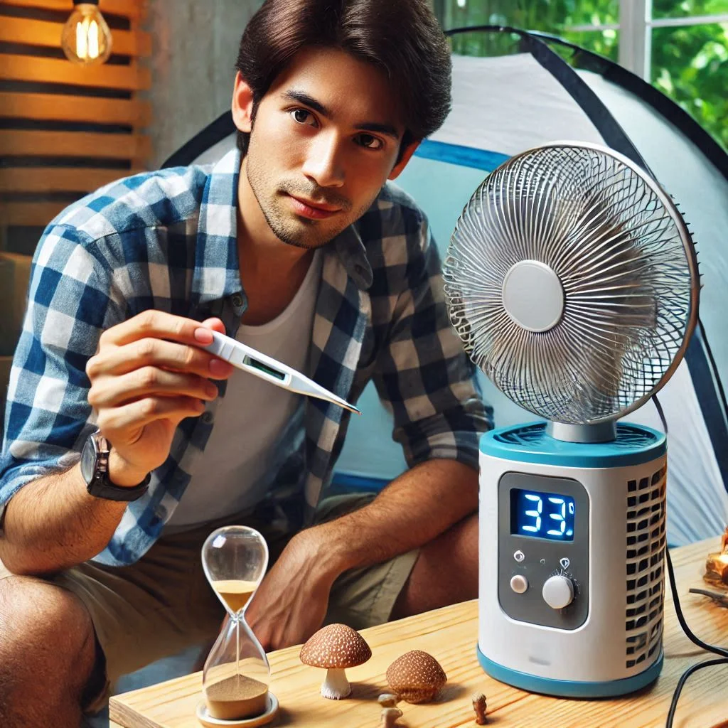 "A person testing the temperature of the air coming from the DIY camping air conditioner fan with a thermometer."