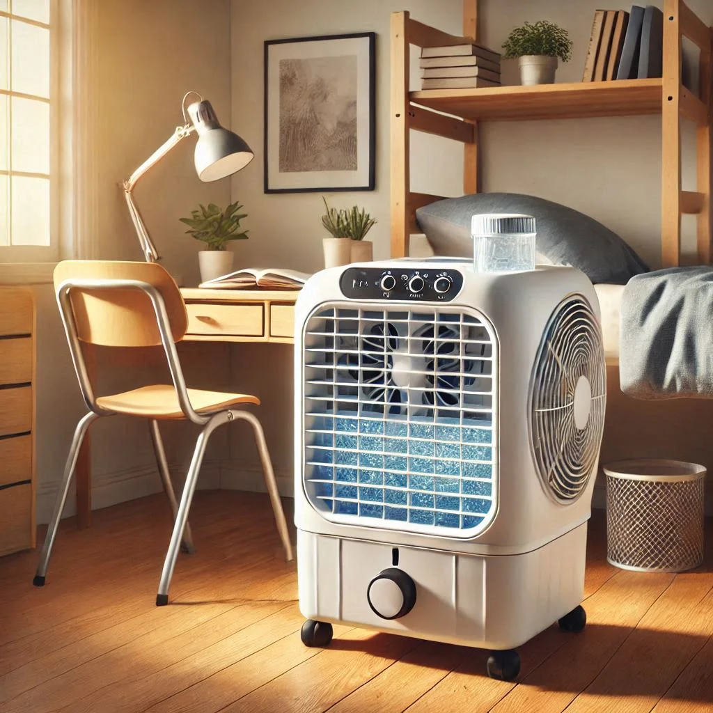 "Image of the Honeywell Portable Evaporative Cooler with Fan in a dorm room, positioned beside a desk, with water tank visible and oscillating fan in action."