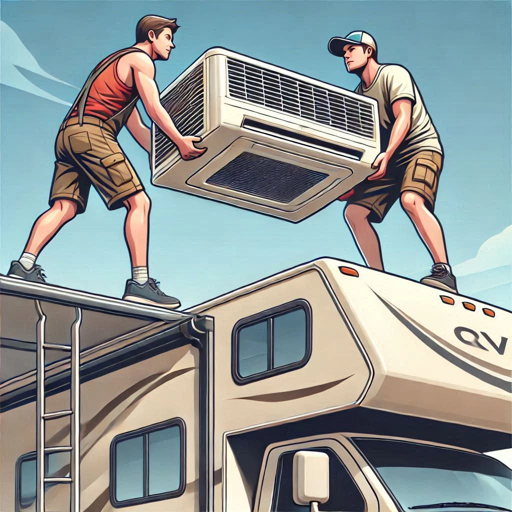 An image of two people lifting the rooftop air conditioner off the roof of the RV, using proper lifting techniques. The background should show the clear sky and a portion of the RV roof.