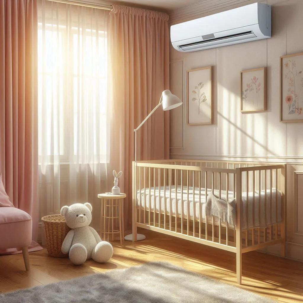 A nursery with a window air conditioner installed, cooling the room efficiently while the sunlight streams through curtains.