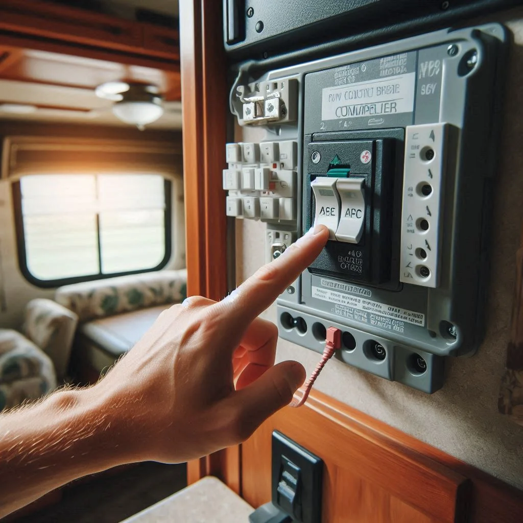 A person flipping the circuit breaker for an RV air conditioner with a focus on the tripped switch.