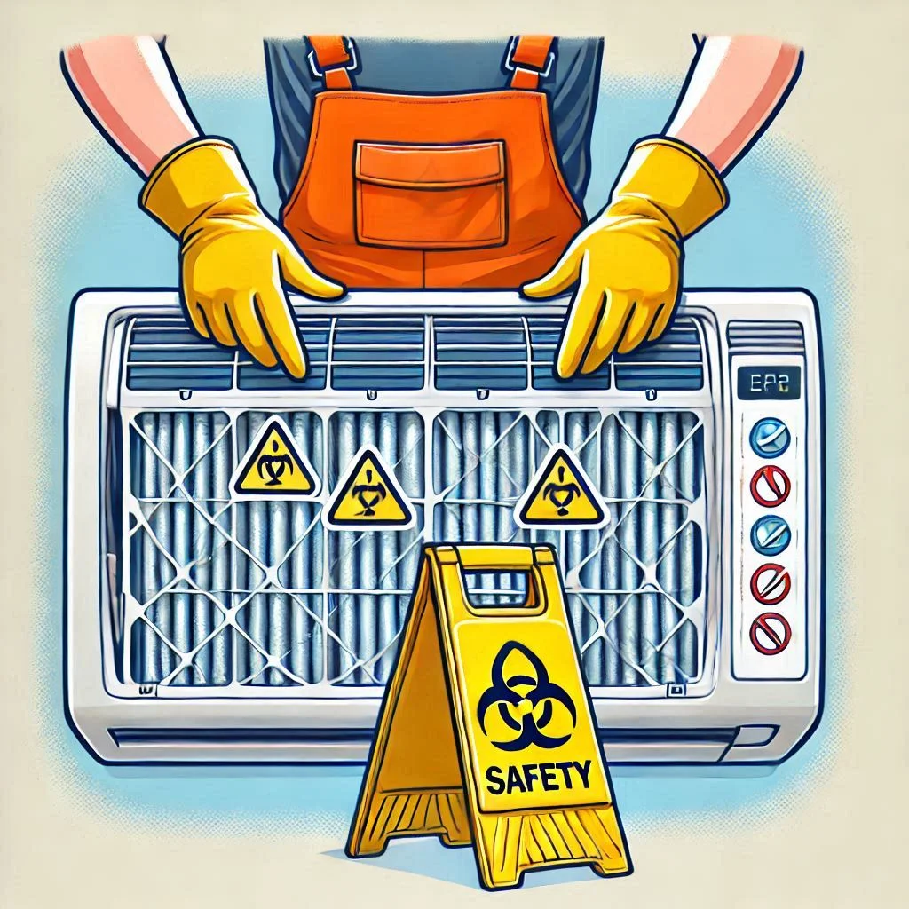 "Illustration of a person wearing gloves and safety goggles while cleaning an air conditioner filter, with safety warnings highlighted."