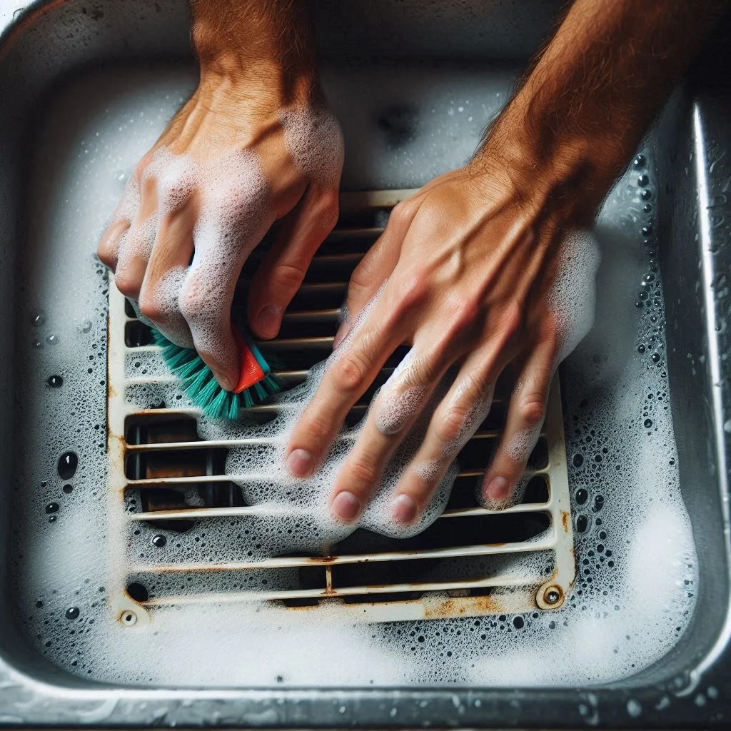 A pair of hands scrubbing a vent cover submerged in a sink filled with soapy water.