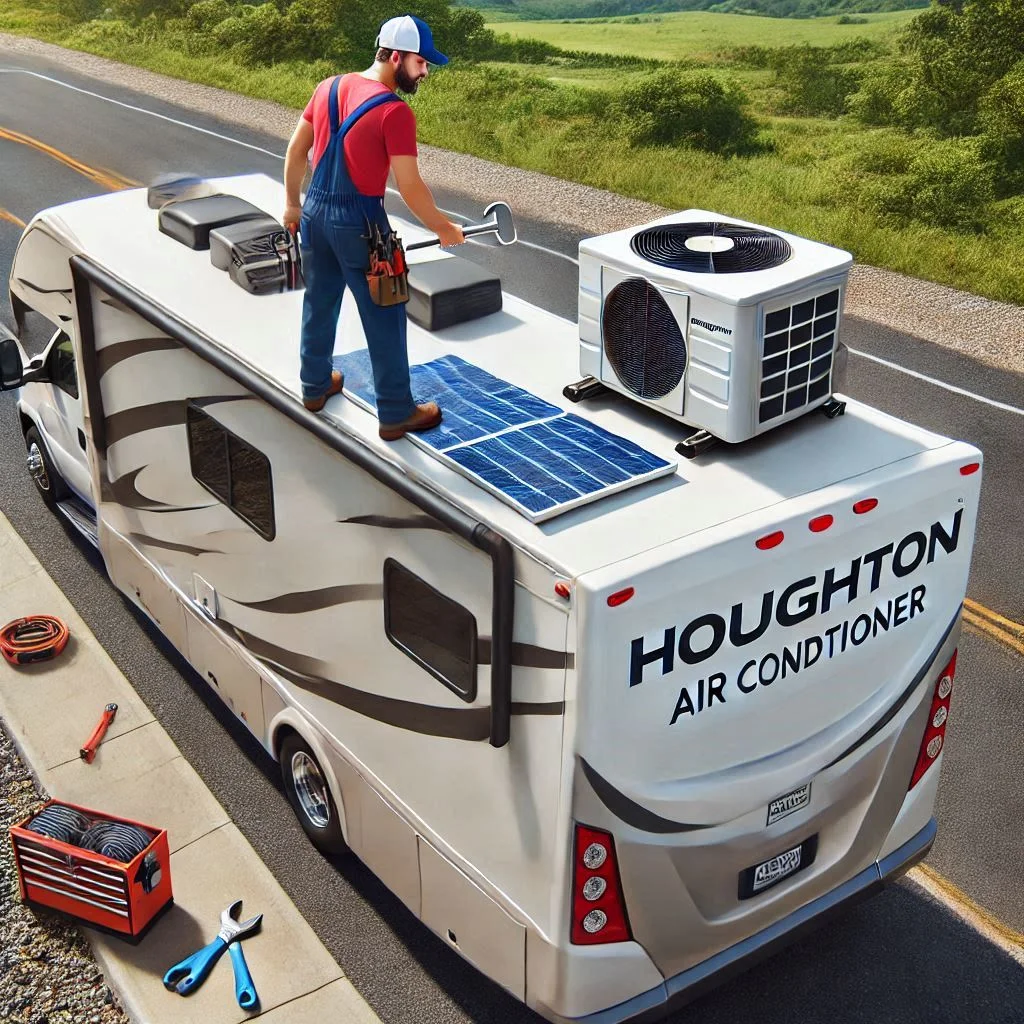 "An image of a technician inspecting a Houghton RV air conditioner for signs of malfunction, such as reduced cooling or leaks. The technician is examining the air conditioner on the RV roof with tools in hand."