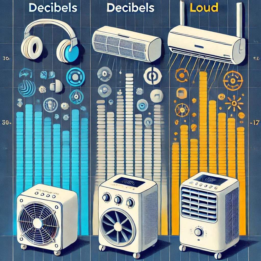 "An image comparing the noise levels of different portable air conditioners, showing decibels and sound comparisons for quiet and loud units."