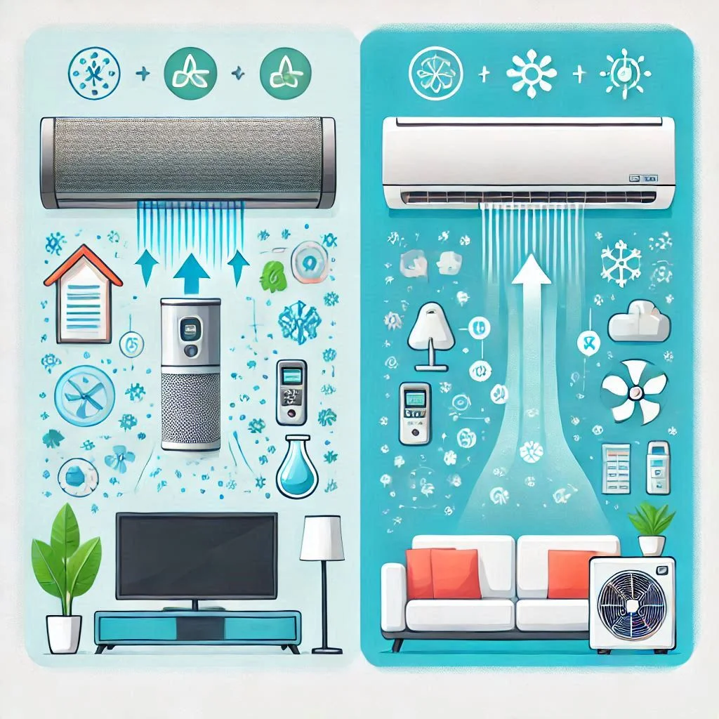 "Illustration showing a side-by-side comparison of an air purifier and an air conditioner, with icons representing their main functions (air cleaning vs. cooling and dehumidification)."