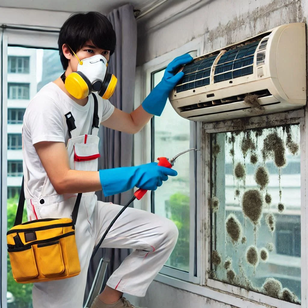 "A person wearing safety gear (mask and gloves) cleaning a window air conditioner to remove mold for safety before use."