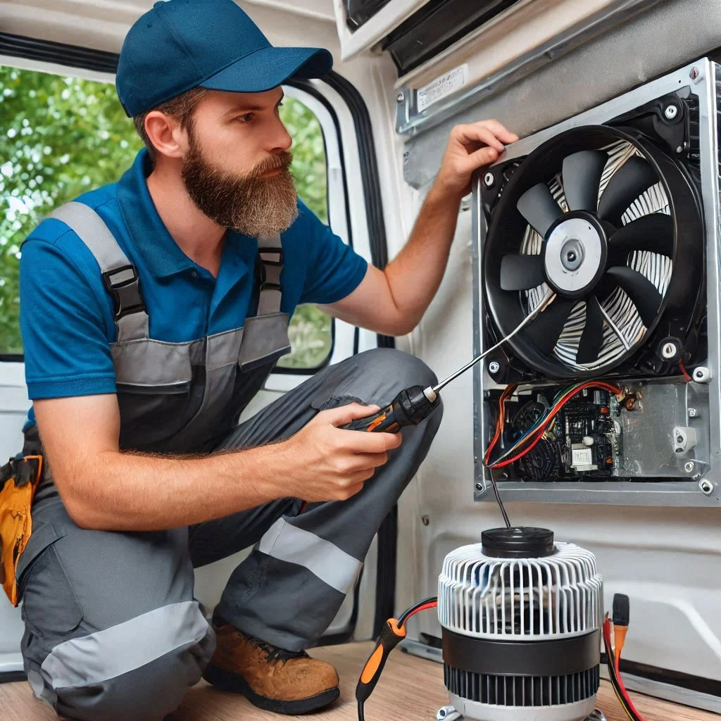 "Technician installing an upgraded fan motor into a Coleman Mach RV air conditioner."