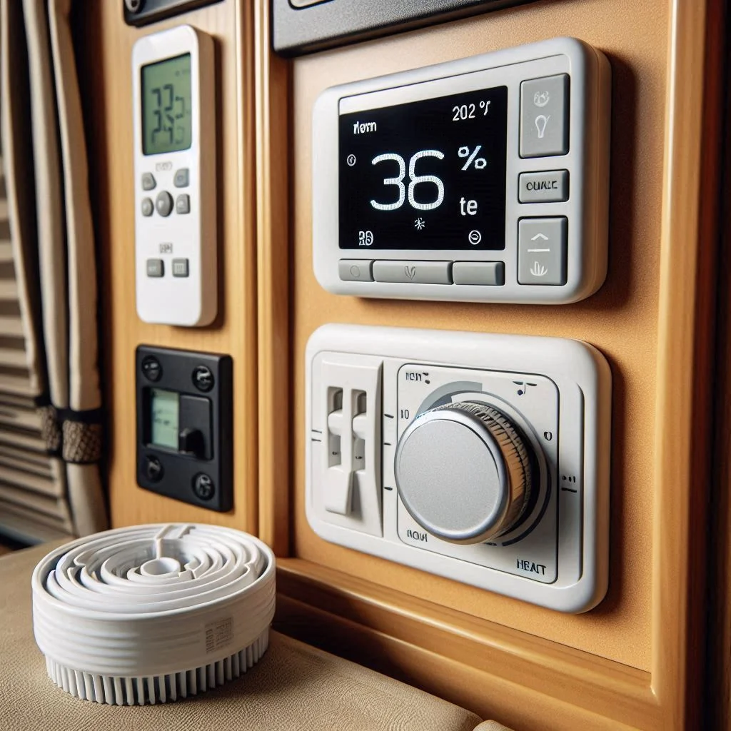 A thermostat control box with a digital display showing temperature settings in an RV interior, next to an installed heat strip.