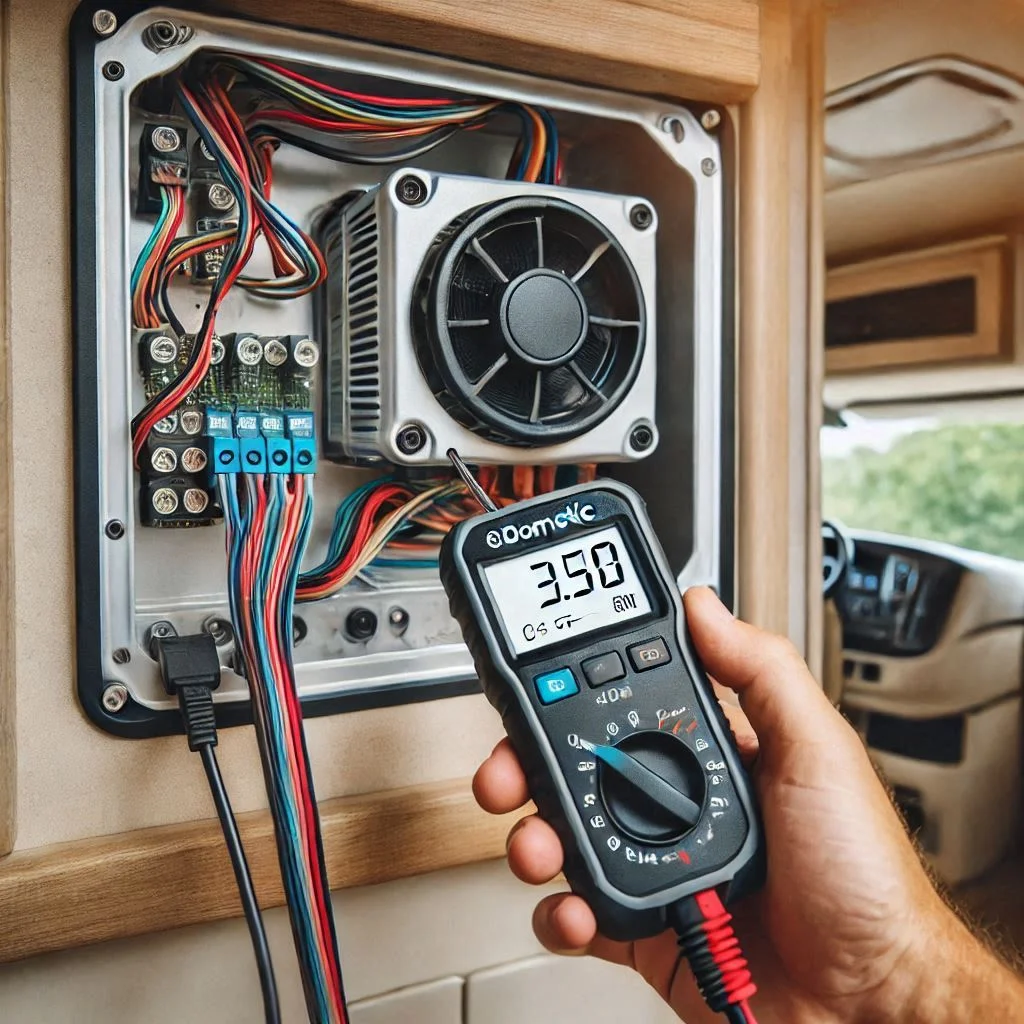 A close-up of an electrical tester being used to check the wiring and power supply of a Dometic RV air conditioner. The RV’s electrical panel should be visible, with the tester clearly showing a voltage reading.