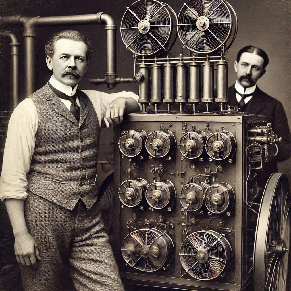 A vintage photo of Willis Haviland Carrier with the first air conditioning system he invented, showcasing the early stages of modern air conditioning technology.