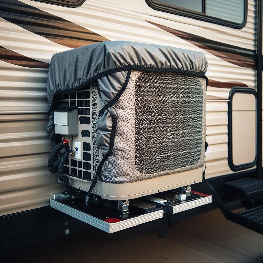 A close-up of a weather-resistant protective cover installed over an RV air conditioner on a parked trailer during the off-season.