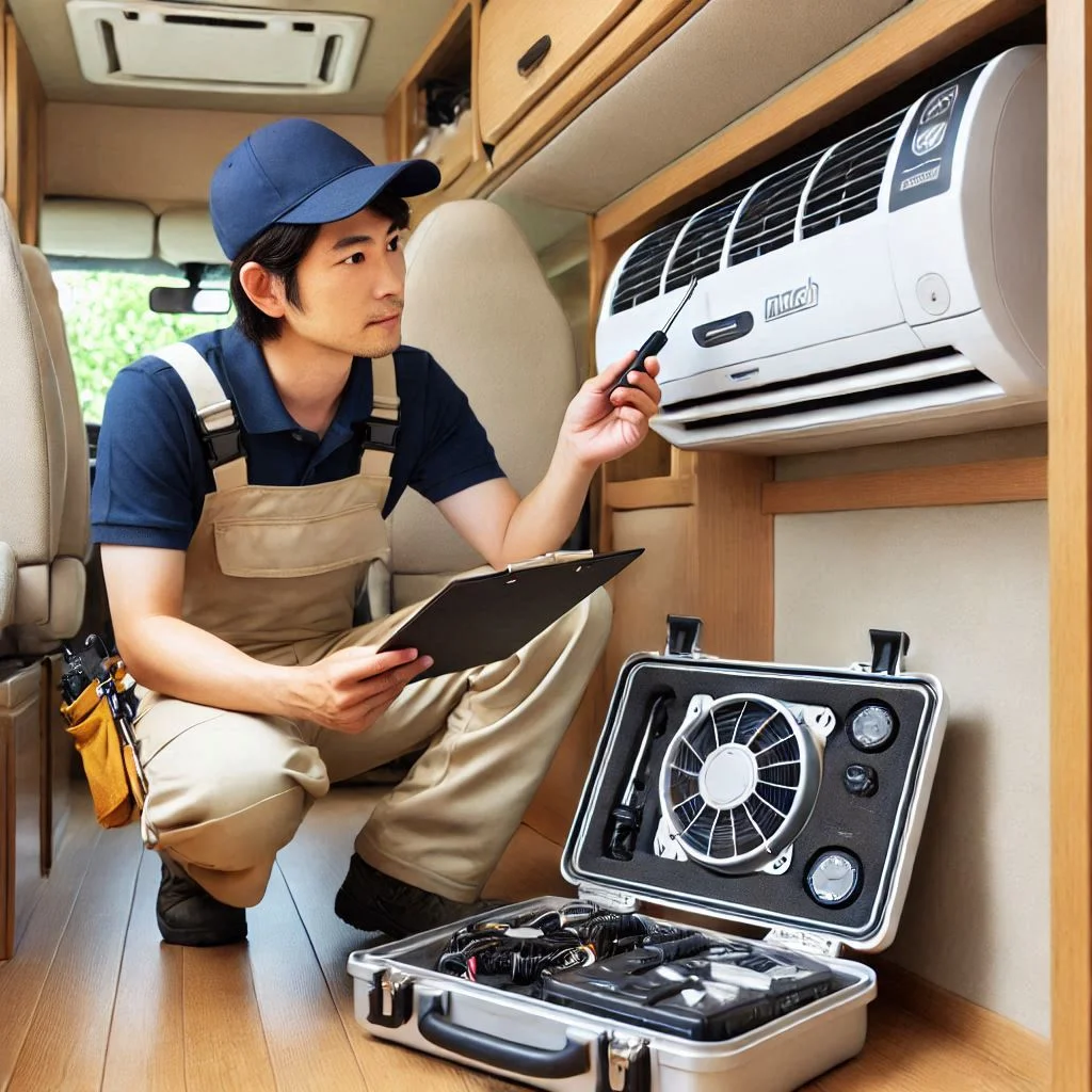 "A technician performing a thorough inspection of the Coleman Mach RV air conditioner before a long trip."