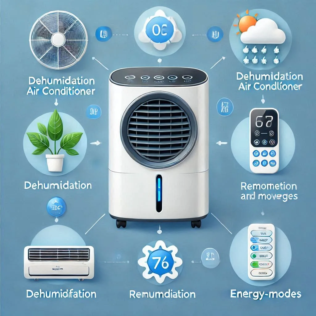 "An infographic highlighting key features of a portable air conditioner, such as dehumidification, remote control, and energy-saving modes."