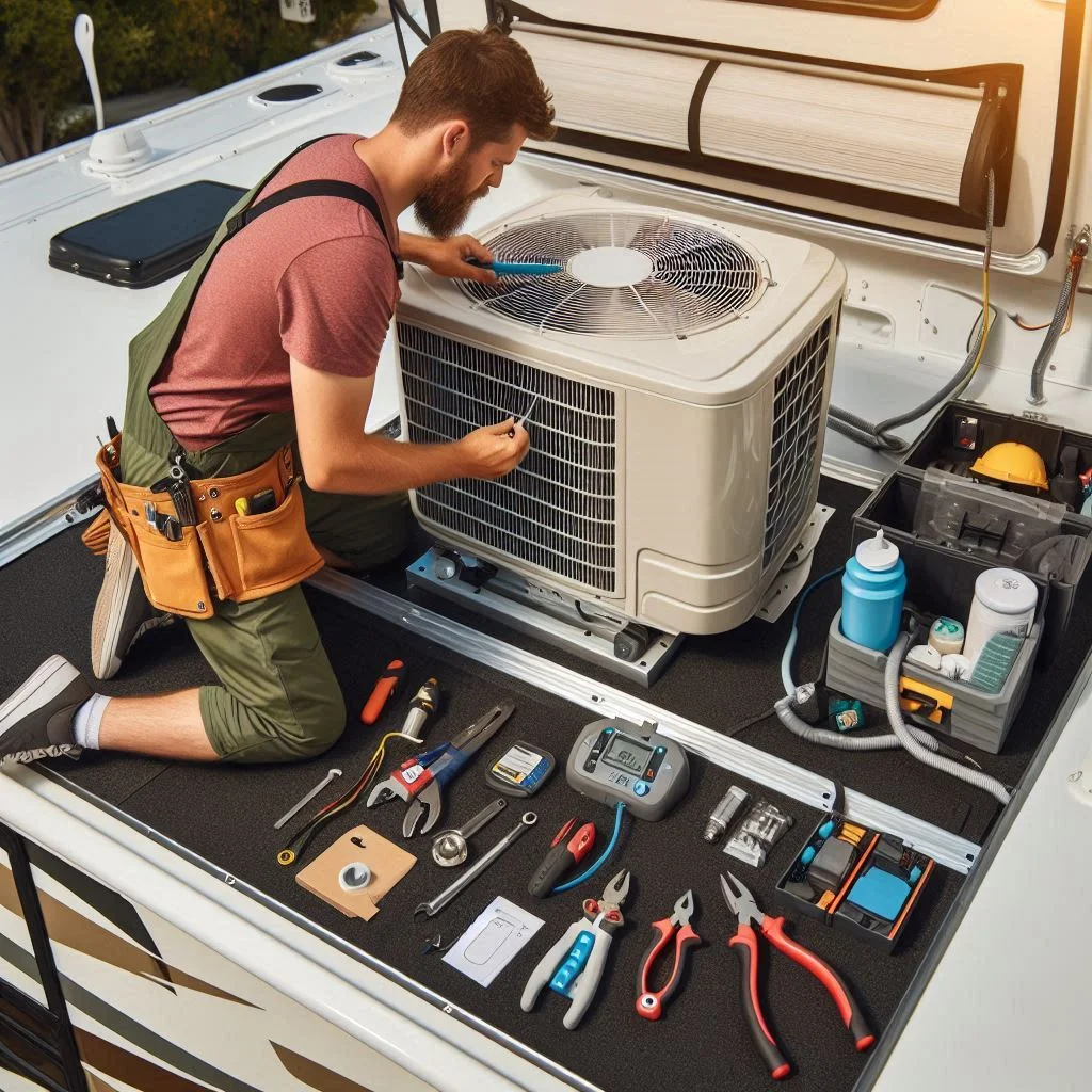 An RV technician installing a 13500 BTU air conditioner on an RV roof, with tools and components like soft start kits and heat pumps visible.