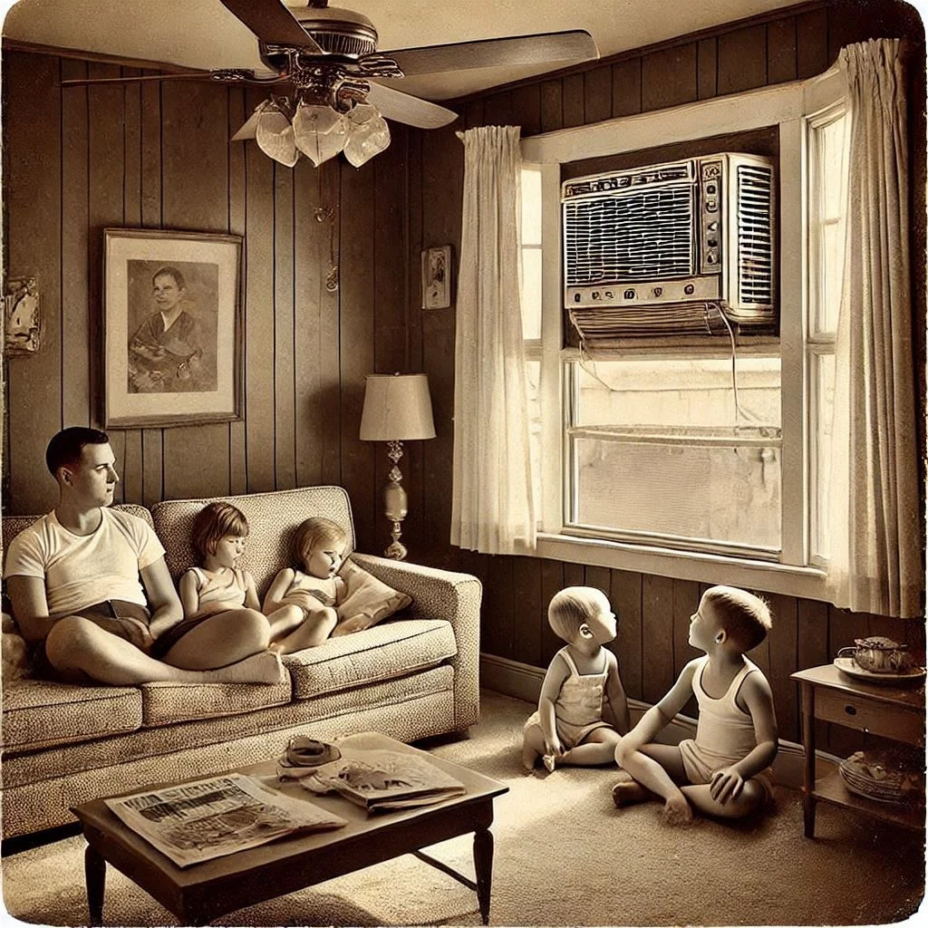 A vintage photo of a 1960s American household with an early air conditioning unit installed in the window, showcasing its impact on family life and comfort.