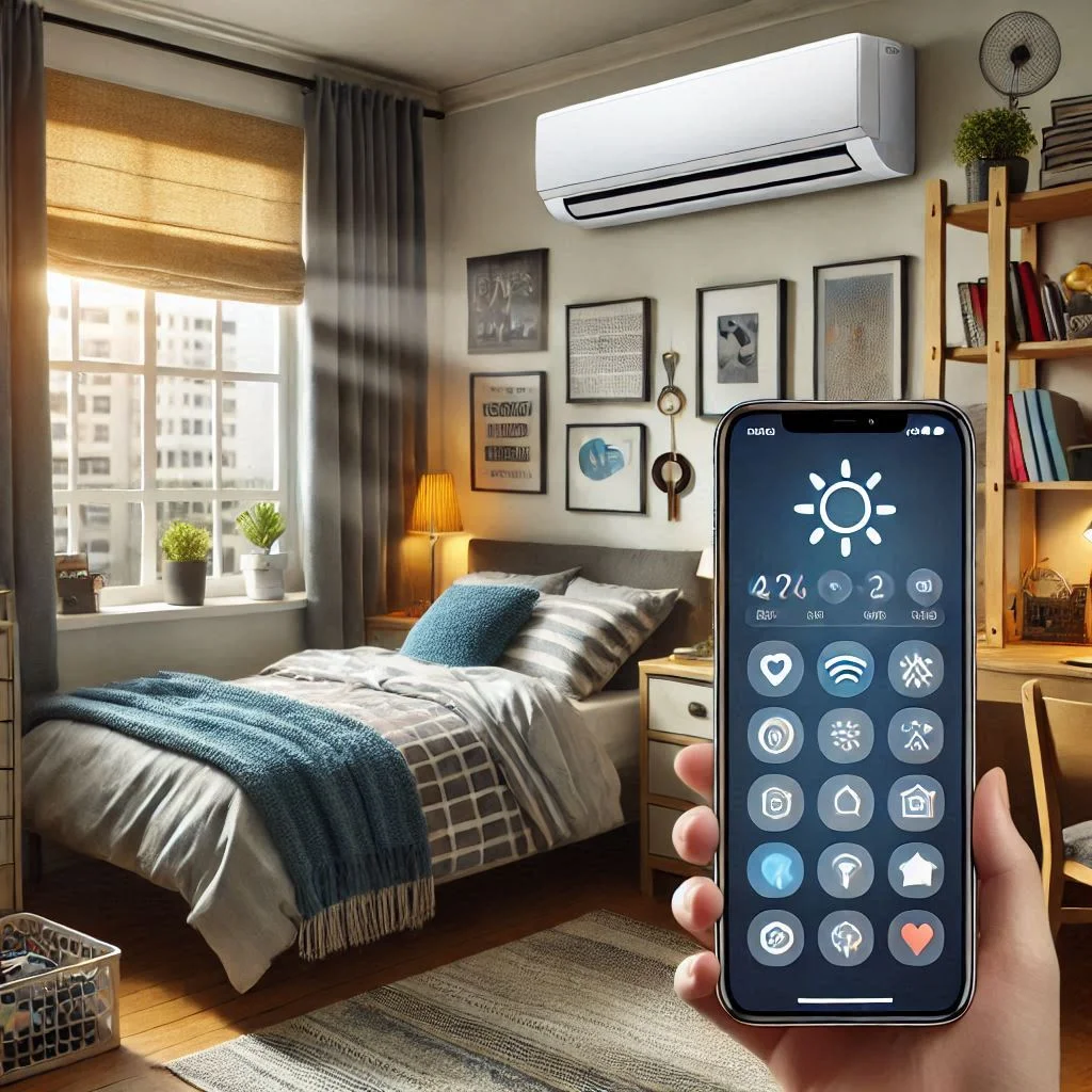 "Smart air conditioner with Wi-Fi control, showing app interface on a smartphone in a dorm room setting."