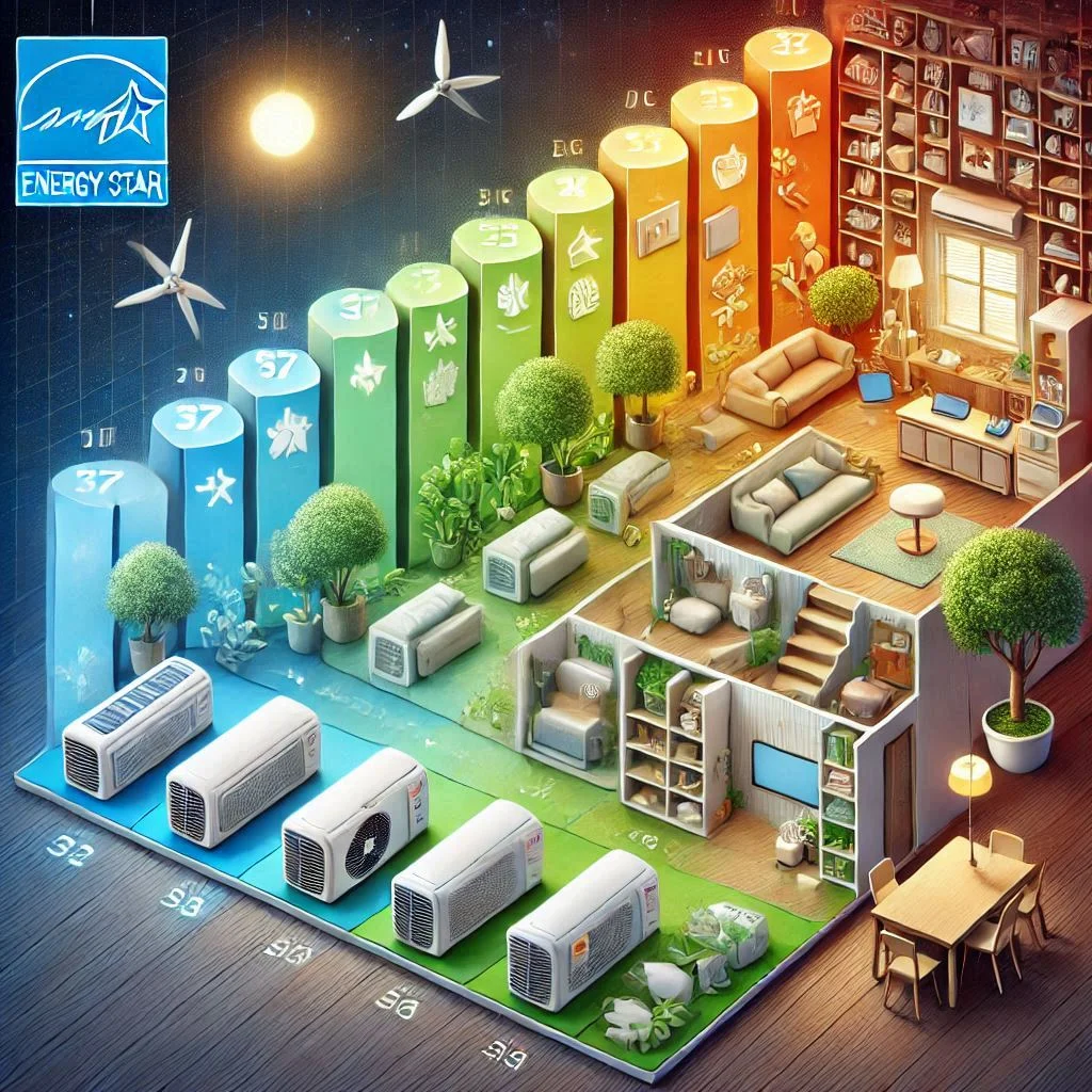 "A visual comparison of Energy Star-rated portable air conditioners with low energy consumption, highlighting savings over time."