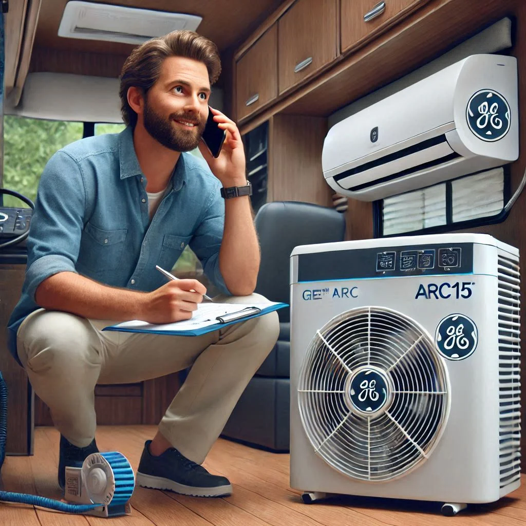 "A technician from GE’s customer support team assisting a customer over the phone with installation or troubleshooting of the GE® ARC15 RV Air Conditioner."