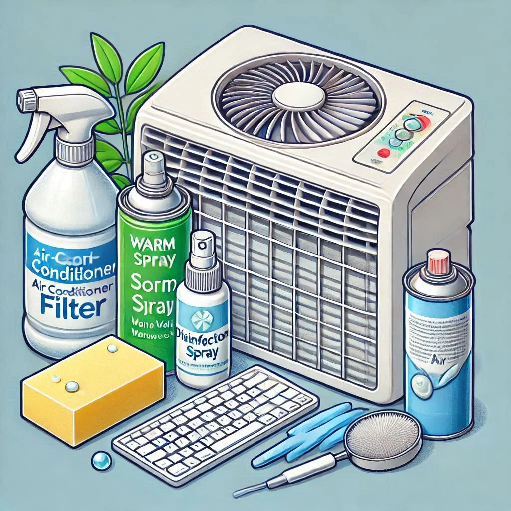 "Illustration showing cleaning materials for an air conditioner filter, including soap, warm water, disinfectant spray, and a can of compressed air."