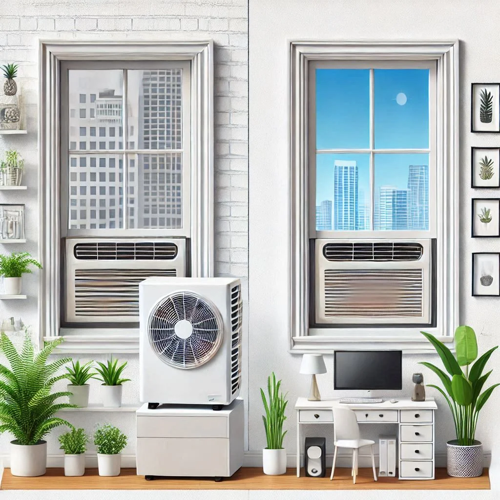 "Image comparing a portable air conditioner and a window AC unit, showing their differences in installation and cooling capabilities."