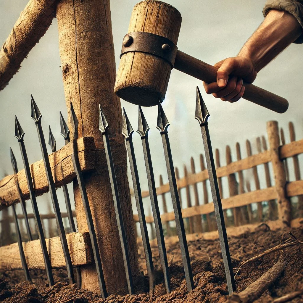 "A close-up of fence spikes being driven into the ground using a mallet, with a wooden fence post being attached to the spikes."