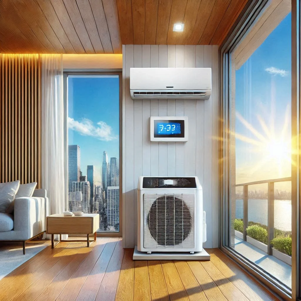 : "A modern air conditioning unit installed in the window of a home with a clear blue sky in the background."