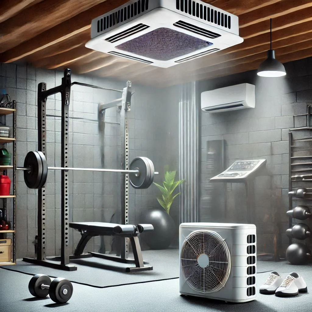 A garage gym with an AC unit placed near the workout area, with clear airflow paths and proper ventilation shown.