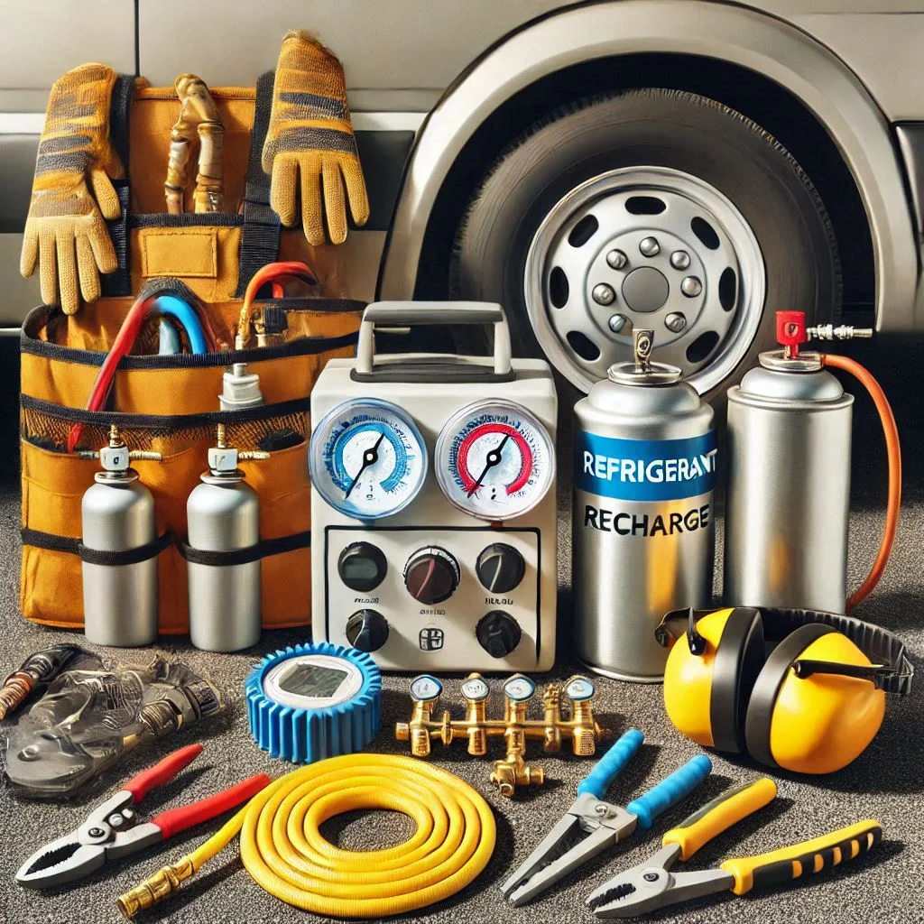 Image showing the tools and equipment needed for adding Freon to an RV AC, including a manifold gauge set, refrigerant cans, safety gear, and recharge hose.